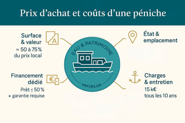Facteurs qui déterminent le prix d'achat ou de vente d'une péniche habitable: surface, emplacement, état et charges et coûts annexes