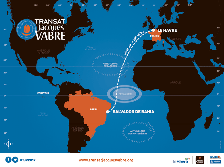 Carte du parcours du bateau de Fabrice Amedeo pour la transatlantique Jacque Vabre
